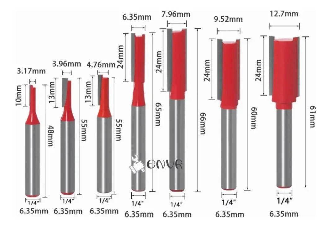 Set de 7 Fresas para Router 1/4" — corte recto para madera